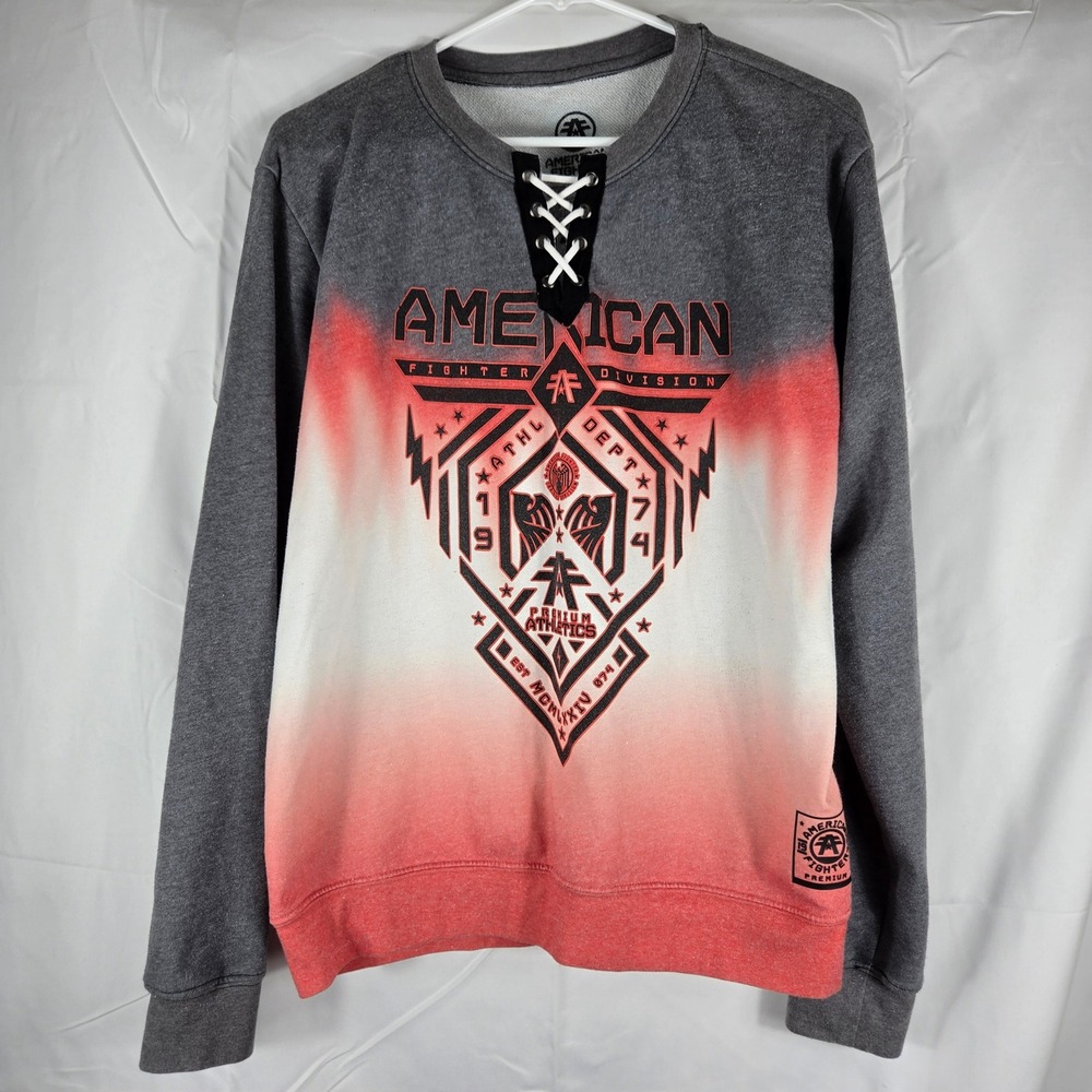 American Fighter Mens Lace Up Ombre Graphic Sweatshirt Gray Red‎ White Size M